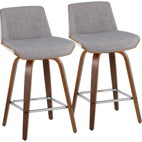 Corazza 26" Swivel Counter Stool in Walnut Wood & Light Grey Fabric w/ Chrome Footrest (Set of 2)